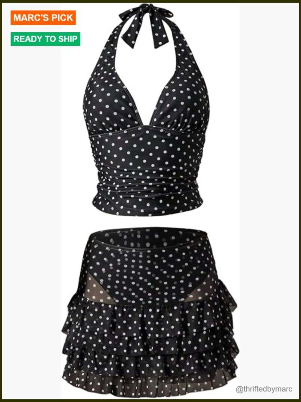 3 Piece Polka Dots Tankini Sets Backless Halter Layered Ruffle Bathing Suit